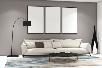 Modern living room with 3 frames mock up on the wall. Design 3d rendering of gray and white images. Design print for illustration, presentation, mock up, interior, cover, zoom background. Set 10