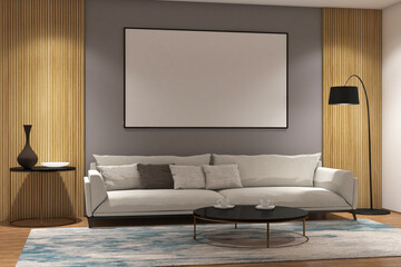 Modern living room with Frames mock up on the wall. Design 3d rendering of oaks wood and white images. Design print for illustration, presentation, mock up, interior, cover, zoom background. Set 14
