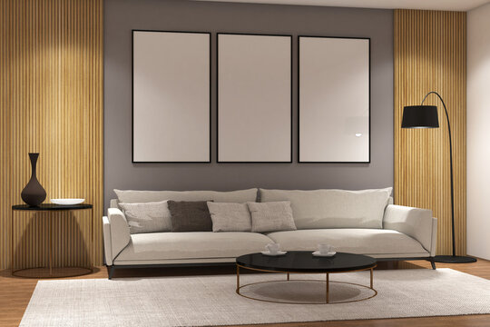 Modern living room with 3 frames mock up on the wall. Design 3d rendering of oaks wood and white images. Design print for illustration, presentation, mock up, interior, cover, zoom background. Set 15