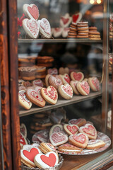A window display of a bakery with Valentine's Day themed treats