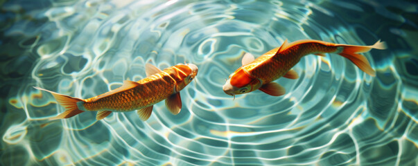 Koi fish floating in clear water - obrazy, fototapety, plakaty