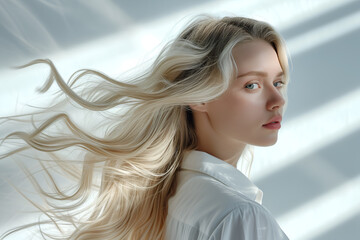 Naklejka premium Portrait of a young beautiful girl with long hair on a light background with shadows