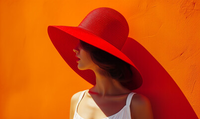 Woman Fashion Model Red Sun Hat Portrait Concept