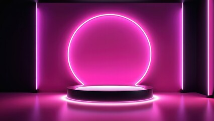Glowing neon background with empty podium for product placement.  generative, ai.