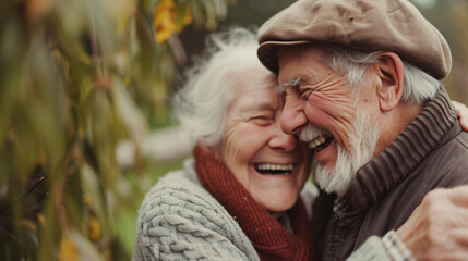 A senior couple laughing together over a shared joke exuding lifelong happiness.