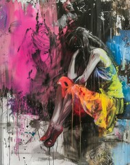 A mesmerizing fusion of modern art and street graffiti, this acrylic painting captures the essence of a woman's contemplative spirit as she sits atop a colorful wall