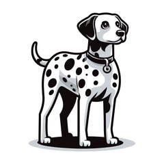 Fototapeta premium Cute adorable dalmatian dog cartoon character vector illustration, funny pet animal dalmatian puppy flat design mascot logo template isolated on white background