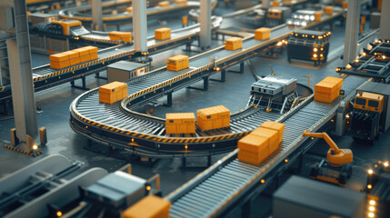 Streamlined automated conveyor belts efficiently transporting packages within a large distribution warehouse with high shelves.