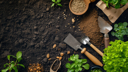 A serene flat lay of a gardening project with tools seeds and soil. - obrazy, fototapety, plakaty