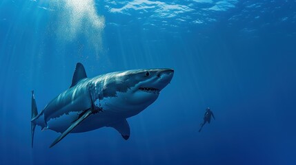Fototapeta premium Silhouette of a great white shark glides through the crystalline waters. 