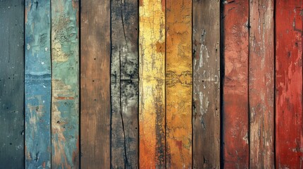 Old, grungy, yet vibrantly colorful wood background. 