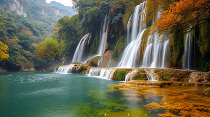 A series of cascading waterfalls creating natural terraces in a mountainous region.
