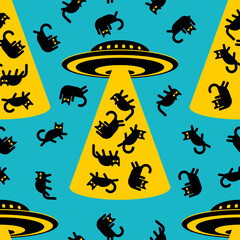 UFO abducting cat pattern seamless. Aliens steals cats background.