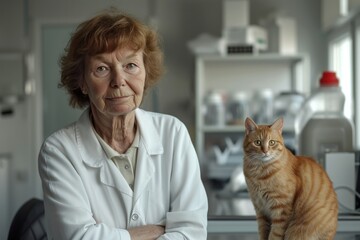 Adult old woman veterinarian. Professional doctor. Veterinary clinic. veterinary checking a cat