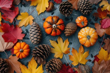 A festive Thanksgiving themed flat lay featuring autumn leaves, pinecones, and decorative pumpkins