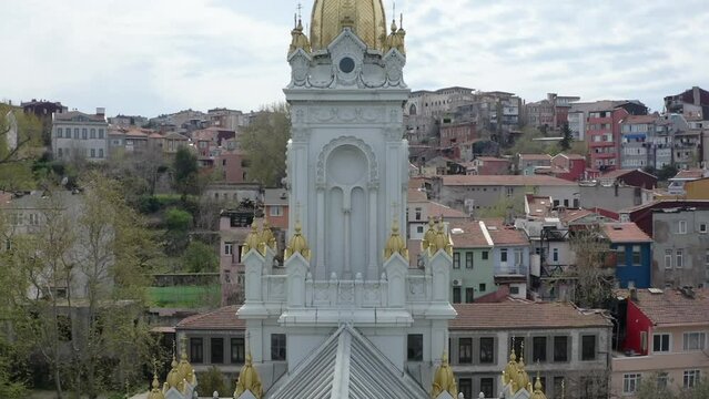 saint stephen-bulgarian church, balat, istanbul aerial footage, jk01