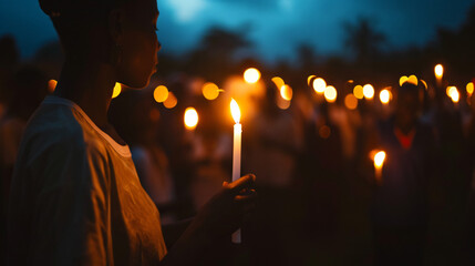 A solemn candlelight vigil for victims of famine symbolizing global empathy. - obrazy, fototapety, plakaty