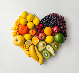Heart shaped fruits arranged on white background, top view photo of various fruit kinds arranged in heart shape, avocado, banana, mango and grapes, colorful mix