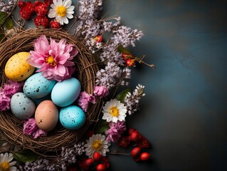 Obraz na płótnie Canvas Easter background. Easter eggs in a nest and flowers on wooden table. Top view with copy space. AI generated