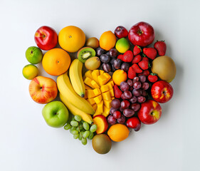 Heart shaped multifruit arrangement, various kinds of fruit on white table, colorful tropical fruit mix, grapes, orange and mango, top view photo