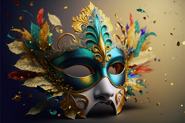 Carnival Venetian mask with colorful feathers on gradient background. party and disguise concept