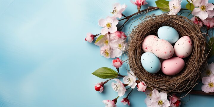 Easter eggs in nest on blue background. Easter background with eggs and spring flowers. Top view with copy space.