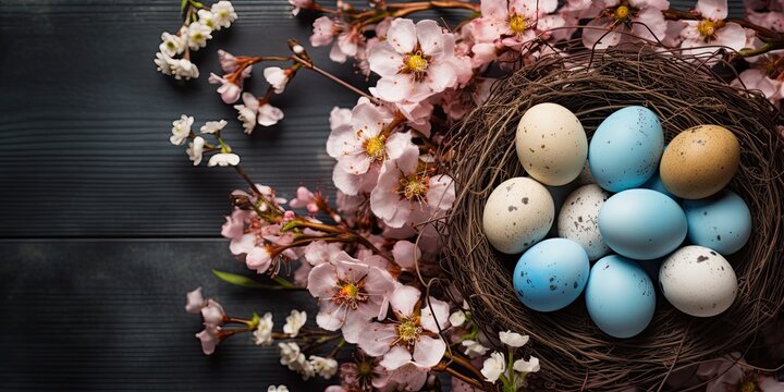Easter background. Easter eggs in a nest and flowers on wooden table. Top view with copy space. 