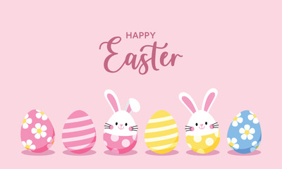 Happy easter banner, poster, greeting card. Bunny, rabbit, eggs in modern minimal style. Cute cartoon design for holiday, spring, seasonal decoration.Vector illustration EPS.