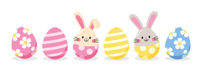 Easter eggs patterns and white rabbit, bunny. Cute colorful cartoon design for holidays decoration, greeting card, poster, banner.Vector illustration EPS.