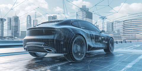 Wireframe Car Concept on Urban Road with Futuristic Cityscape