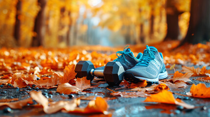 Autumn Fitness Outdoor Concept: Sneaker, Dumbbell, and Fallen Leaves on a Path