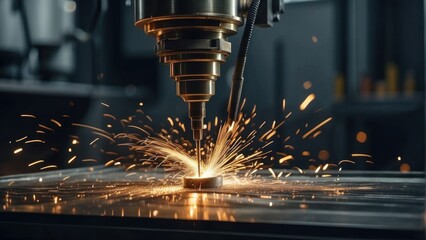 Industrial CNC milling machine cutting metal with sparks in factory. generative, ai. - obrazy, fototapety, plakaty