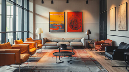 A stylish lounge area in a corporate office with contemporary art and furniture.