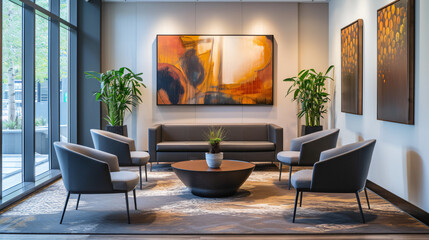A stylish lounge area in a corporate office with contemporary art and furniture.