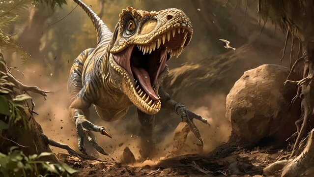 A young tyrannosaurus tentatively steps out of its nest its jaws hanging open in a roar of victory at conquering its first challenge.