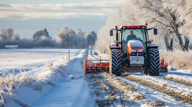 Winter Tractor Plowing Snow on Rural Road with Frosty Landscape