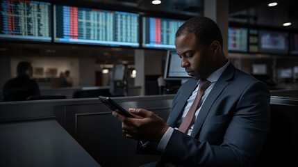 businessman using phone in the office room to aware about the updates.