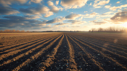 Plowed Agricultural Field at Sunset with Cloudy Sky and Horizon - obrazy, fototapety, plakaty