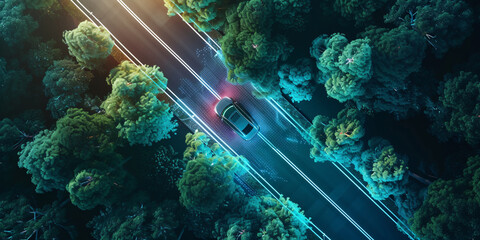Aerial View of Electric Car on Highway with Digital Energy Patterns and Forest Canopy