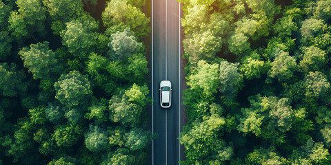 Aerial View of Electric Car on Forest Road Surrounded by Green Treetops