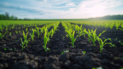 Rows of Young Corn Plants in Fertile Soil on a Sunny Day