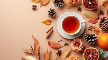 Obraz na płótnie Canvas Autumn Season Flat Lay with Tea Cup, Dried Oranges, and Botanical Decorations