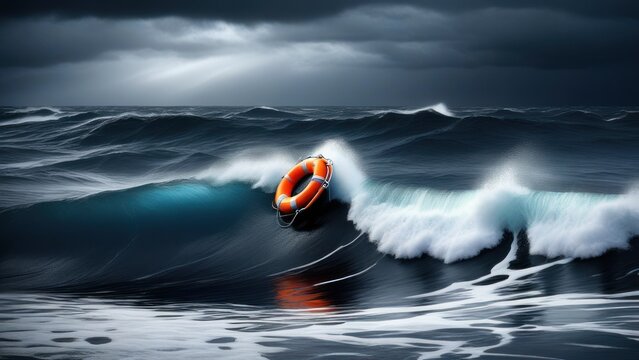 Lifebuoy floating on sea in storm weather. generative, ai.