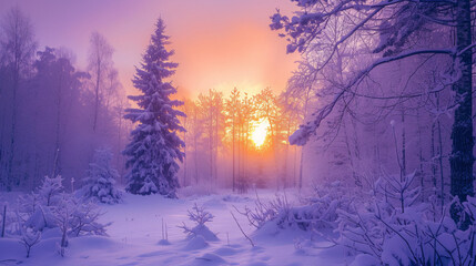 Winter Sunrise in Snowy Forest with Frosty Trees and Pink Sky