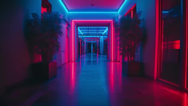 The front entrance of a museum decorated with a neon light display that catches the eye of every perby.