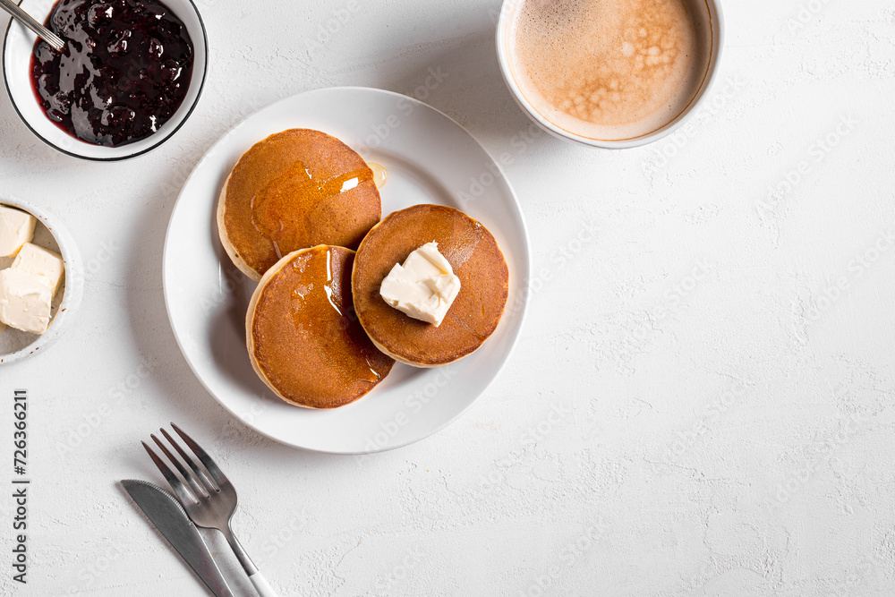 Poster breakfast with pancakes and coffee