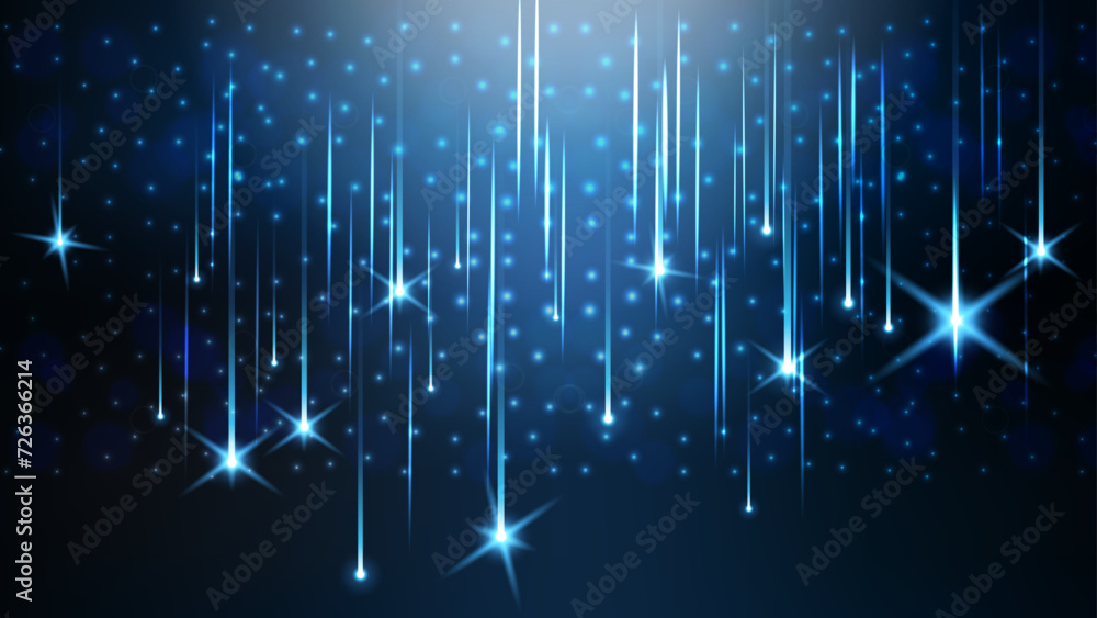 Poster falling stars and meteor rain with glowing comets falling. abstract glowing neon light digital backg