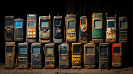 Row of old mobile phones from the past - obrazy, fototapety, plakaty