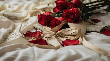 Red roses lying on white statin next to letters wrapped in ribbon