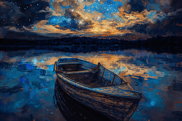 Starry Night Sky and Reflective Lake with Solitary Boat Digital Art
